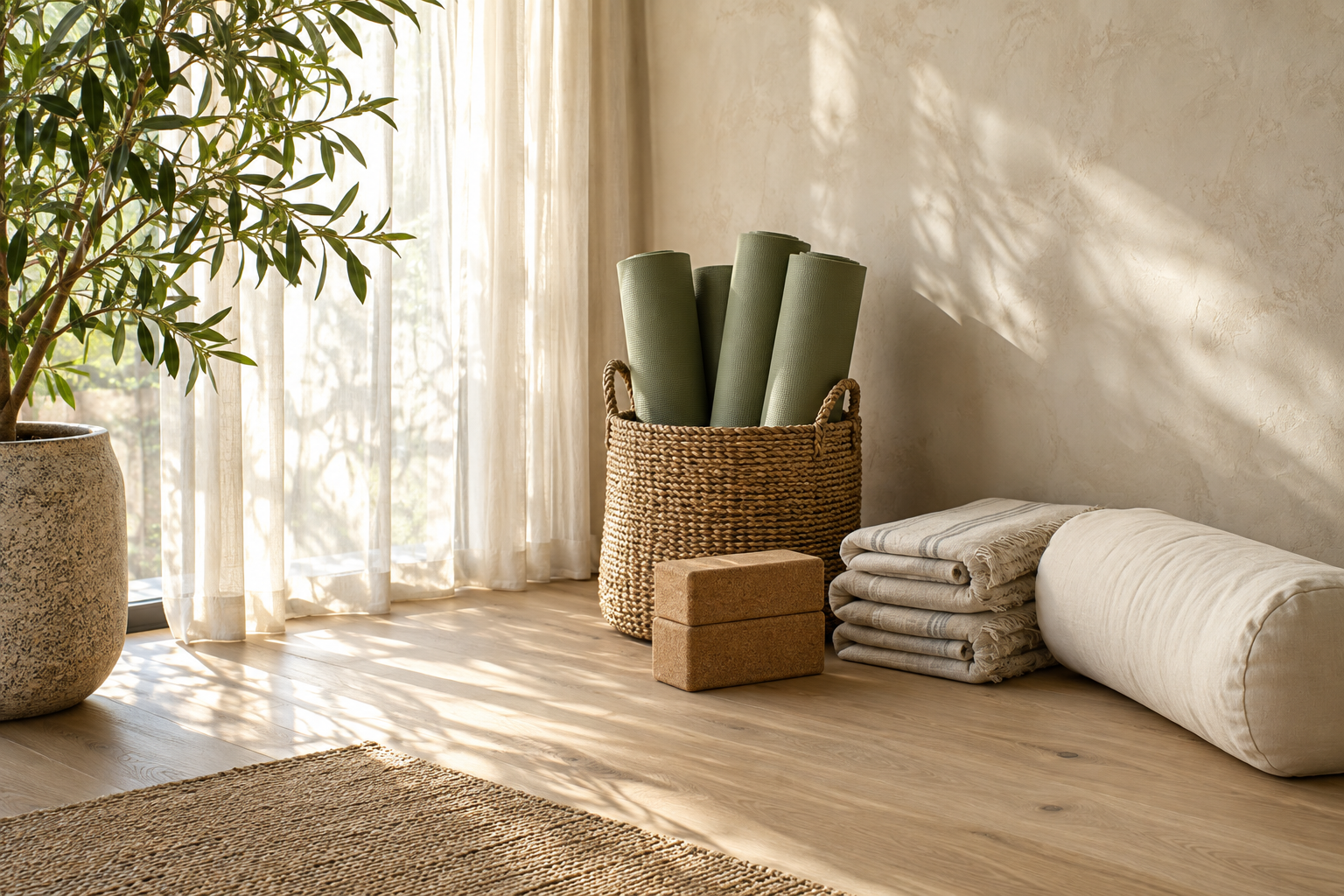Yoga mats, cork blocks, and soft blankets in a warm sunlit studio